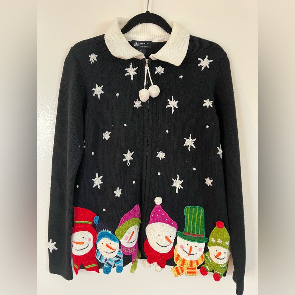 NWT All Points Woman’s Ugly Sweater Christmas Zip-up Cardigan; Size Small